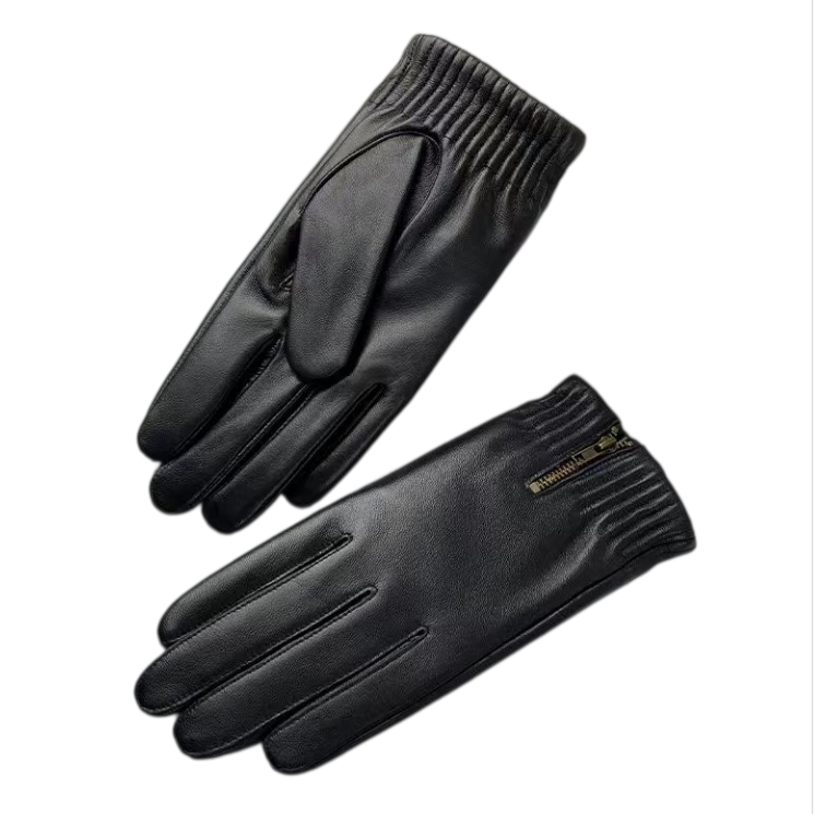 Leather Driving Glove - ถุงมือหนังแกะแท้สีดำสไตล์เรโทร หนาพิเศษ อบอุ่น สำหรับฤดูหนาว ถุงมือขับรถหนังแท้ มีซิป