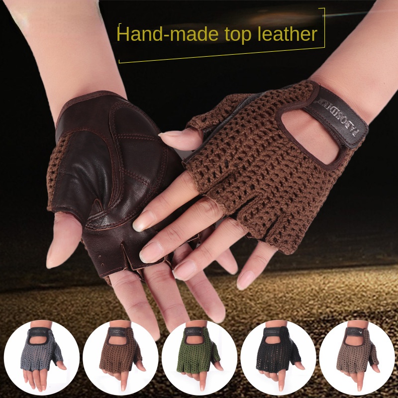 Leather Driving Glove - ถุงมือหนังวัววินเทจแบบครึ่งนิ้วสำหรับฤดูร้อน ใช้ได้ทั้งชายและหญิง เหมาะสำหรับขับขี่มอเตอร์ไซค์และแข่งรถ