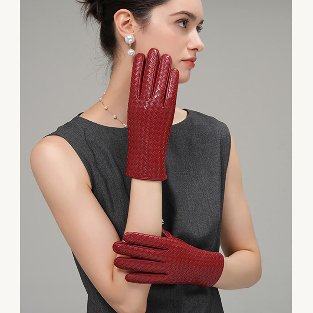 Wool Glove Lined - ถุงมือหนังแท้สำหรับผู้หญิงในฤดูหนาว ดีไซน์ถักทอให้ความอบอุ่น ทำจากหนังแกะ แฟชั่นสำหรับกิจกรรมกลางแจ้ง ขับรถ ขี่มอเตอร์ไซค์