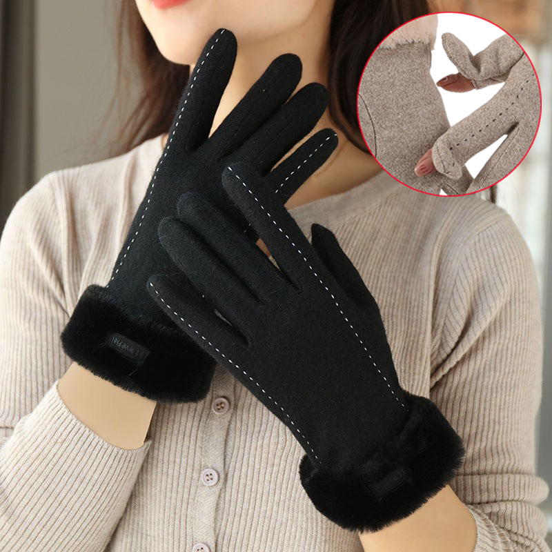 Wool Glove Lined - ถุงมือฤดูหนาวของผู้หญิงถุงมือขนสัตว์แบบเปิดปลายนิ้วสัมผัส, ถุงมือบุด้วยผ้าขนสัตว์บุด้วยผ้าขนแกะอุ่นกันลมกันหนาวถุงมือปั่นจักรยานขับรถ