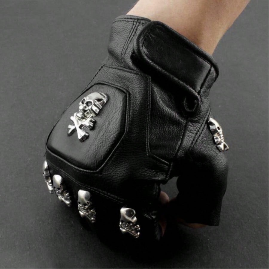 Leather Driving Glove - ถุงมือไร้นิ้วสำหรับขับรถมอเตอร์ไซค์สไตล์พังก์ร็อก ทำจากหนังแท้ ลายกะโหลกศีรษะ สำหรับผู้ชาย sm25051313996018177